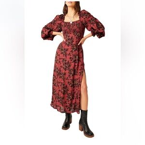 Free People Burgundy and Black Floral Long Sleeve Dress